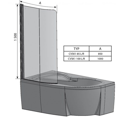 Штора для ванны Ravak CVSK1 Rosa 140/150, Transparent алюминий левая левая